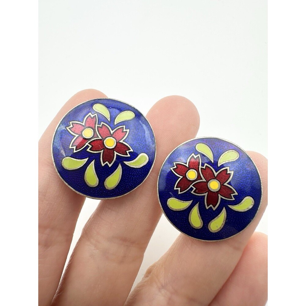Vintage Colorful Cloisonné Cherry Blossom Earrings Screw Back